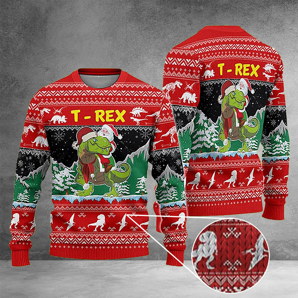 Dinosaur Ugly Christmas Sweater Santa Riding Dinosaur Sweater Funny Gift For Him Her