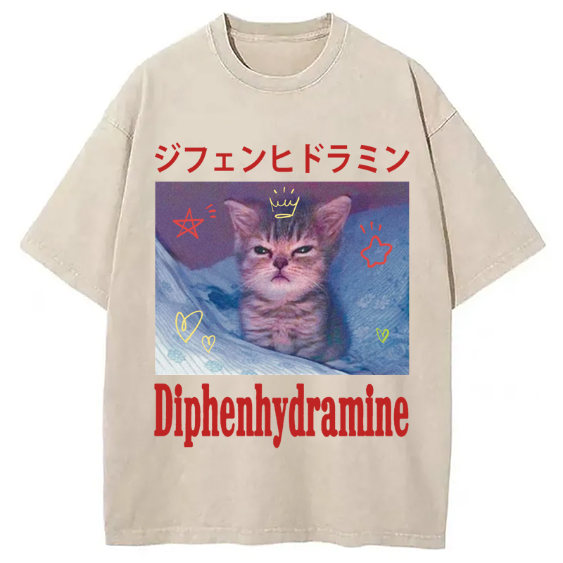 Diphenhydramine Cat Funny Meme Washed T-Shirt Unisex Streetwear Graphic Style Gifts For Her