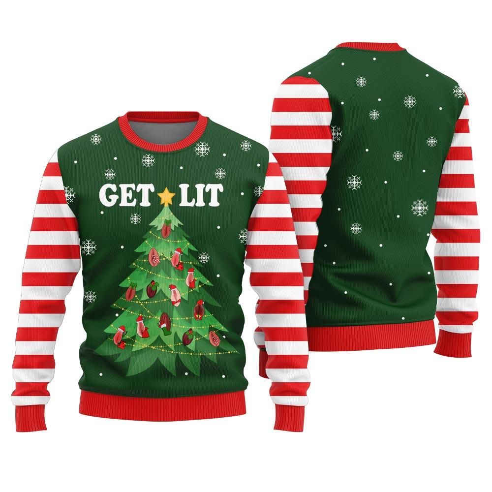 Dirty Get Lit Clitmas Mens Funny Christmas Sweater Cozy Christmas Sweater for Holiday Season
