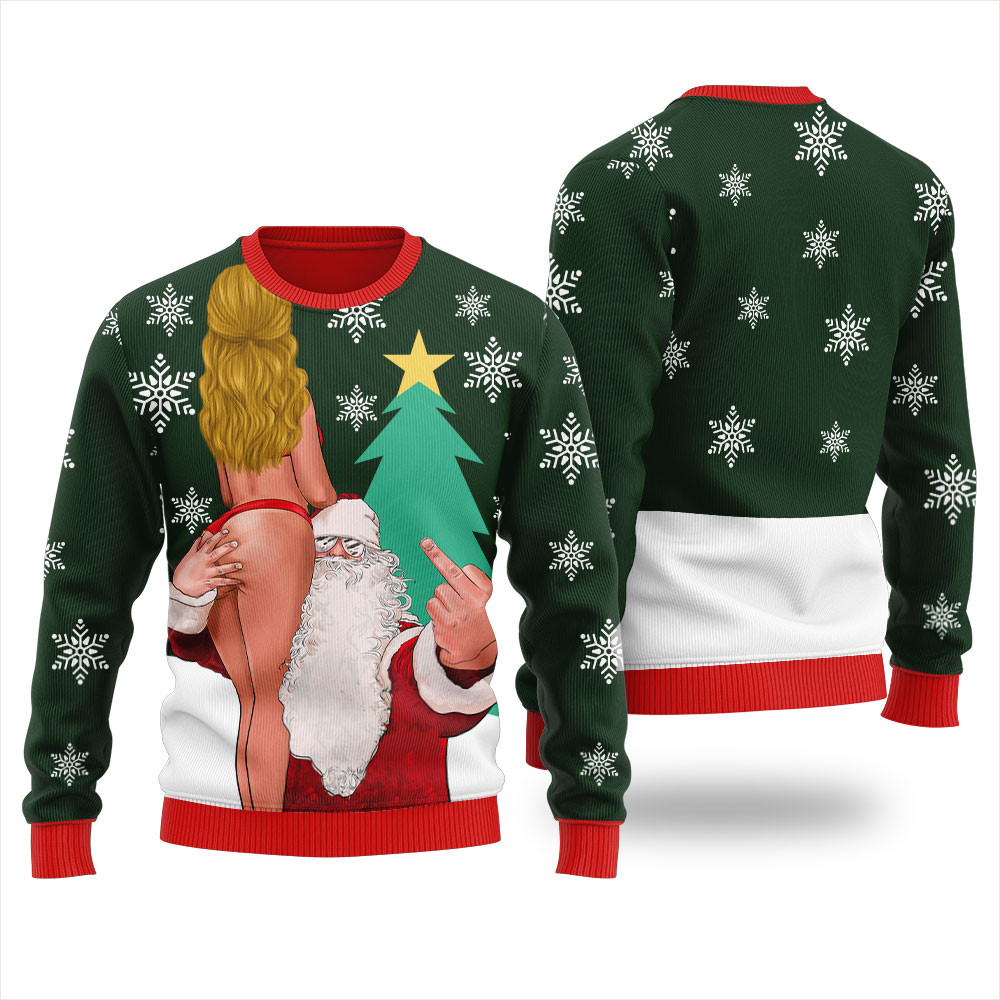 Dirty Santa With Sexy Girl Mens Ugly Sweater Cozy Christmas Sweater for Holiday Season