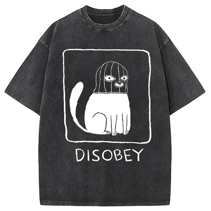 Disobey Cat Washed T-Shirt Retro Streetwear Graphic Top Gifts For Him