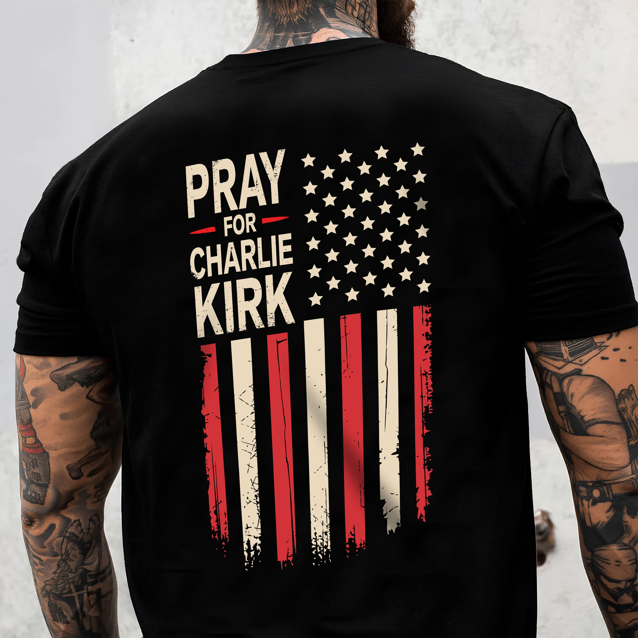 Distressed American Flag Pray for Charlie Kirk Backside Dark Shirt Gift for Charlie Kirk Supporters