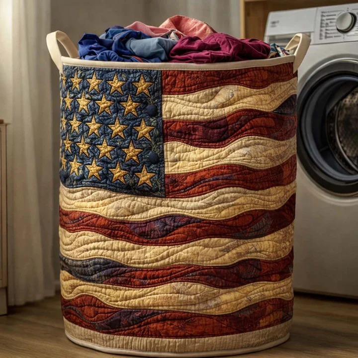 Distressed American Flag Quilted Laundry Basket Patriotic Home Decor Best Gift For USA Supporters