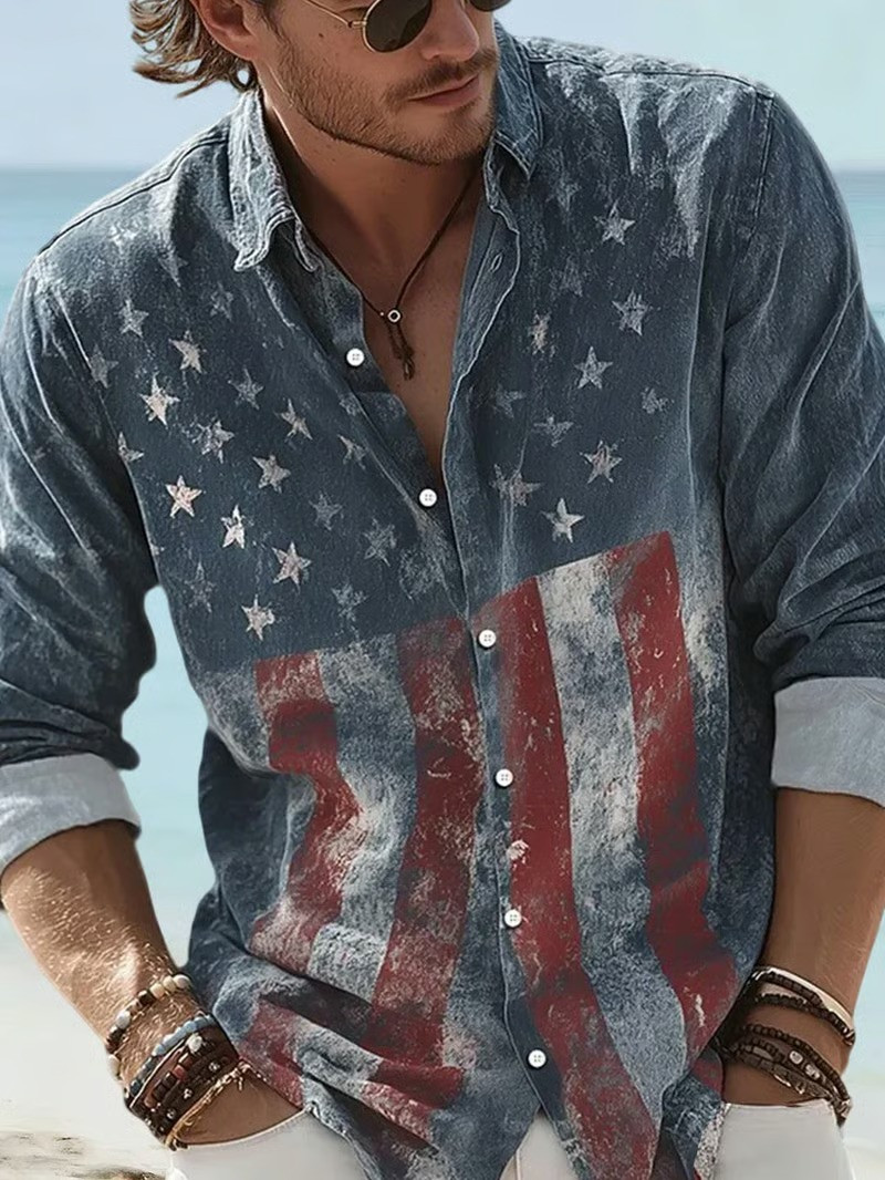 Distressed American Long Sleeve Button Up Shirt Vintage Stars USA Patriotic Gift For Family