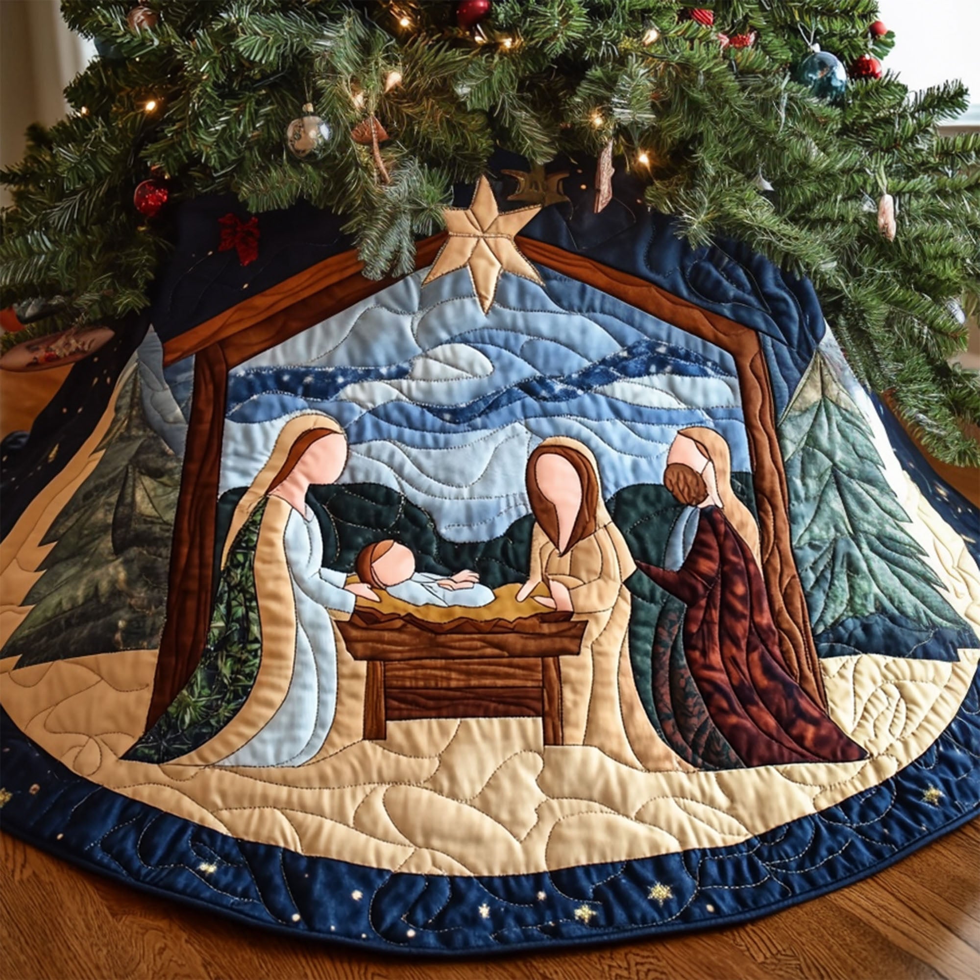 Divine Birth Quilted Christmas Tree Skirt Under Tree Christmas Decor Holiday Party Decor for Home