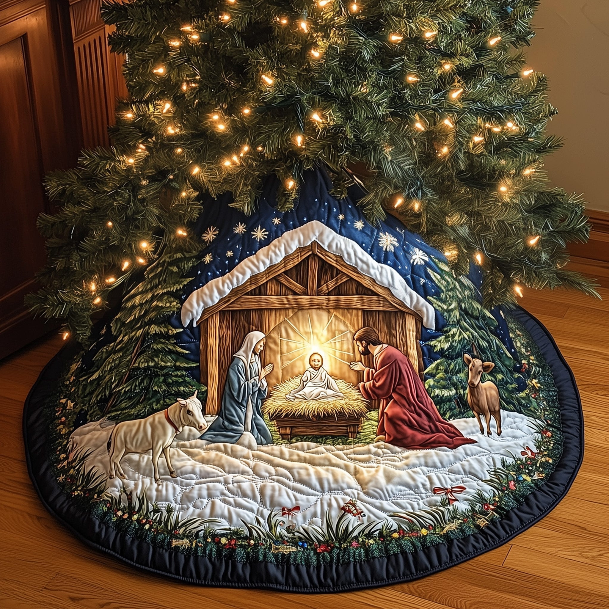 Divine Light Quilted Tree Skirt Nativity Scene Xmas Tree Skirt Christian Christmas Gifts