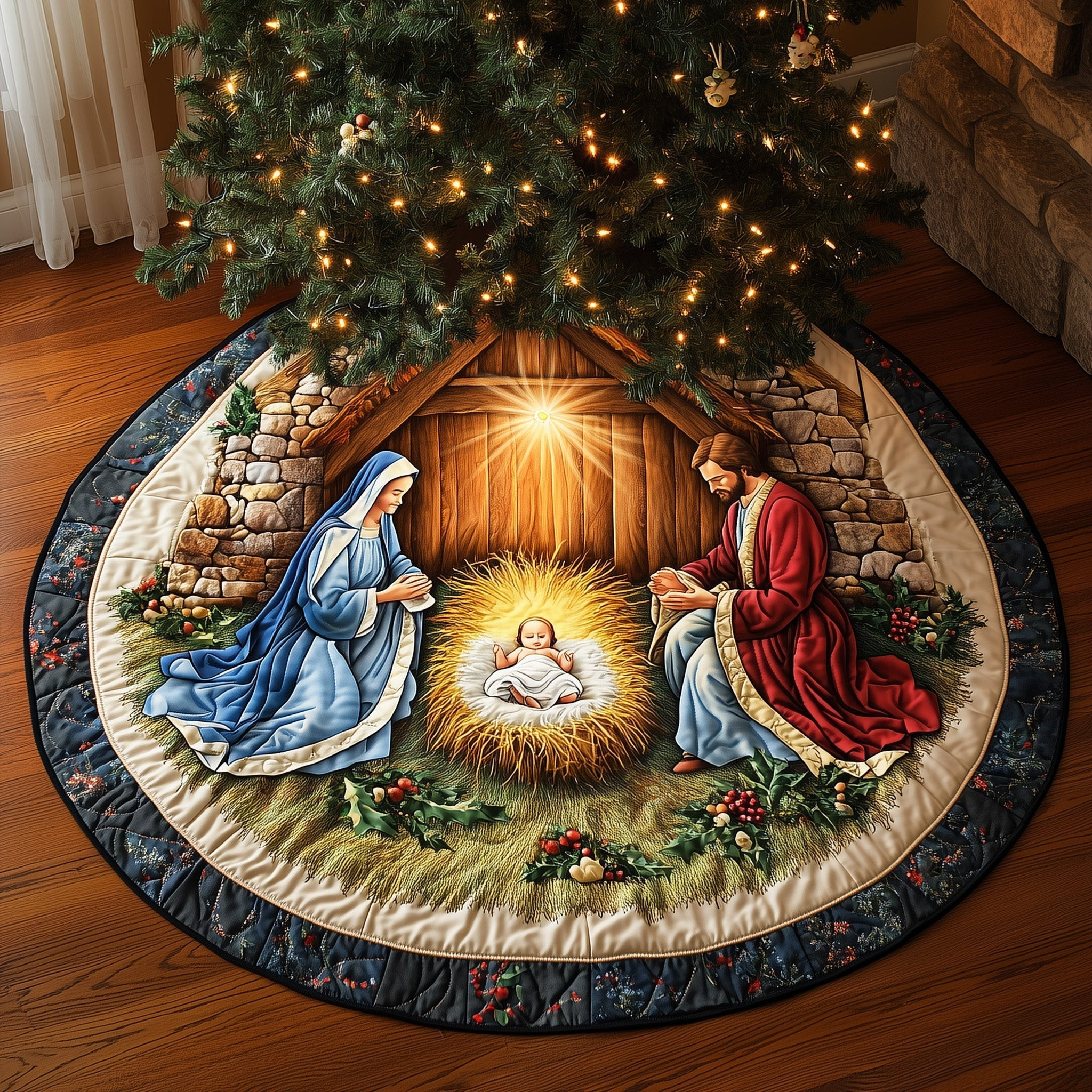 Divine Light Quilted Tree Skirt Nativity Scene Xmas Tree Skirt Religious Xmas Presents