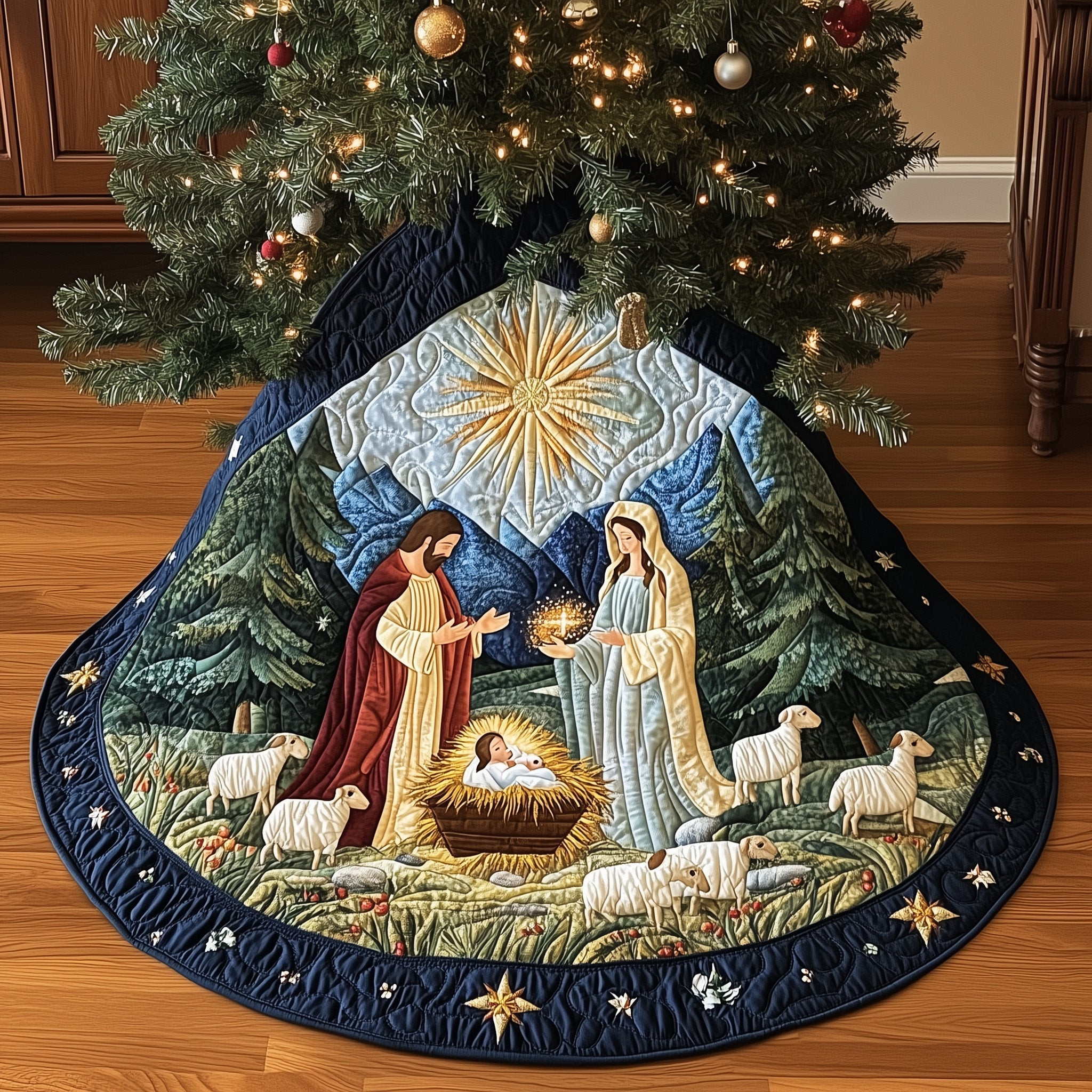 Divine Light Quilted Tree Skirt Xmas Home Decor Xmas Tree Skirt Christmas Gifts For Sheep Lovers