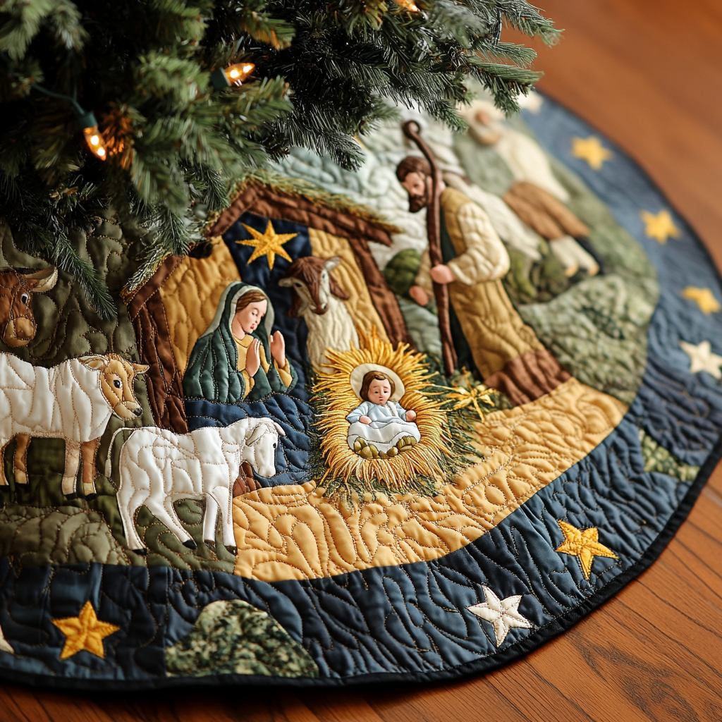 Divine Manger Christmas Quilted Tree Skirt Popular Gift Merch for Christmas Enthusiasts