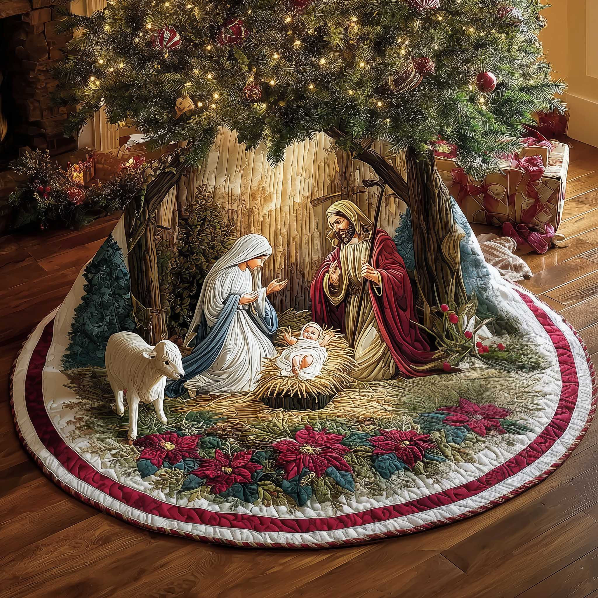 Divine Nativity Christmas Christmas Quilted Tree Skirt Nativity Scene Christmas Gift For Christians