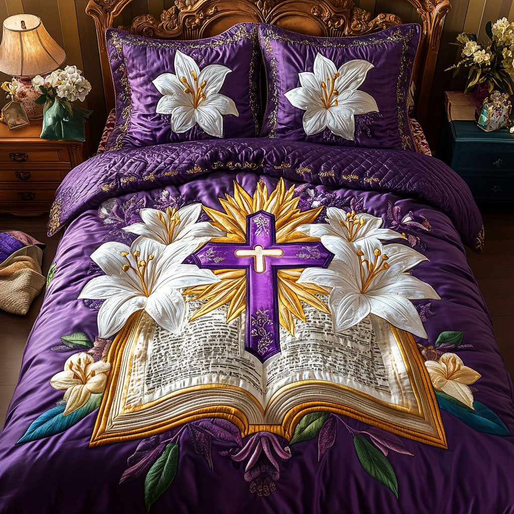 Divine Purple Lily Quilted Bedding Set Bed Room Decoration Gifts For Christians