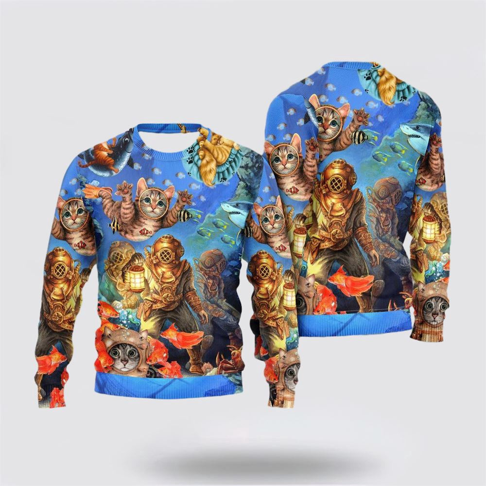 Diving Cat Under The Sea Art Style Ugly Christmas Sweater Christmas Unisex Sweater Funny Christmas Sweater