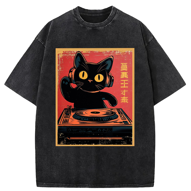 DJ Cat Washed T-Shirt Everyday Comfort Graphic Shirt Gifts For Sister