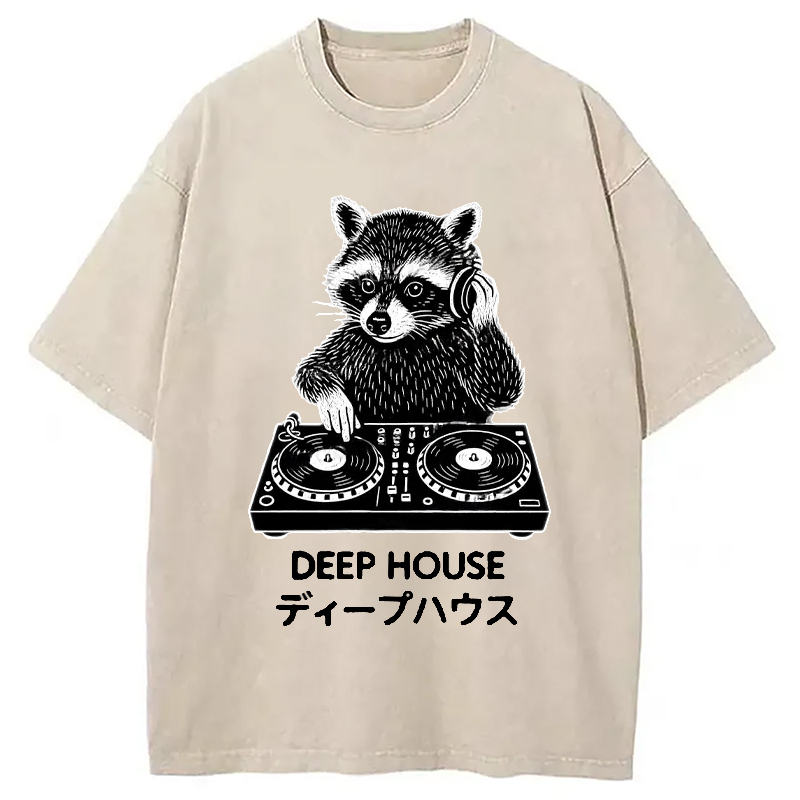 DJ Raccoon Washed T-Shirt Soft Comfortable Daily T Shirt Gifts For Him