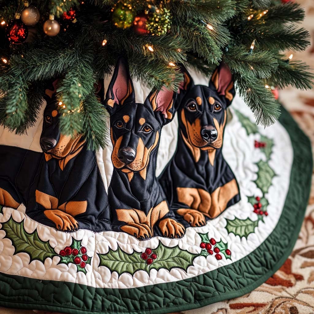 Doberman Christmas Christmas Quilted Tree Skirt Holiday Tree Base Decoration Family Holiday Gathering Decor
