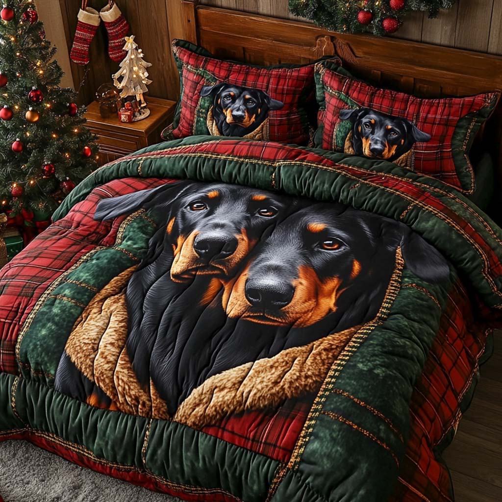 Doberman Duo Quilted Bedding Set Christmas Bed Sheets Great Gifts For Dog Lovers