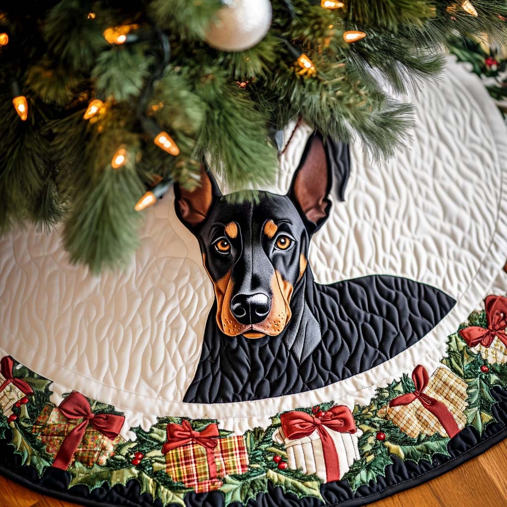 Doberman Festive Watch Christmas Quilted Tree Skirt Festive Tree Base Cover Festive Christmas Home Styling