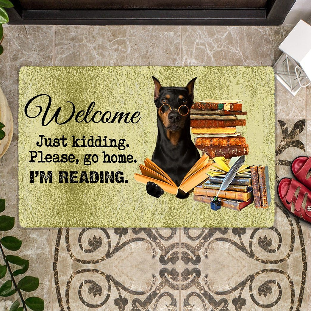 Doberman Please Go Home I'M Reading Doormat Front Door Entryway Ideas Presents For Dog Owners