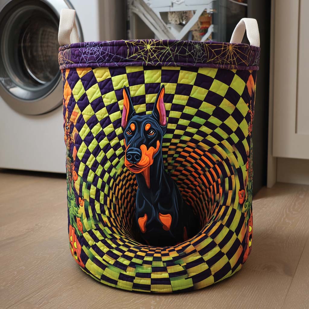 Doberman Spiral Glow Quilted Laundry Basket Merch For Cozy Nights