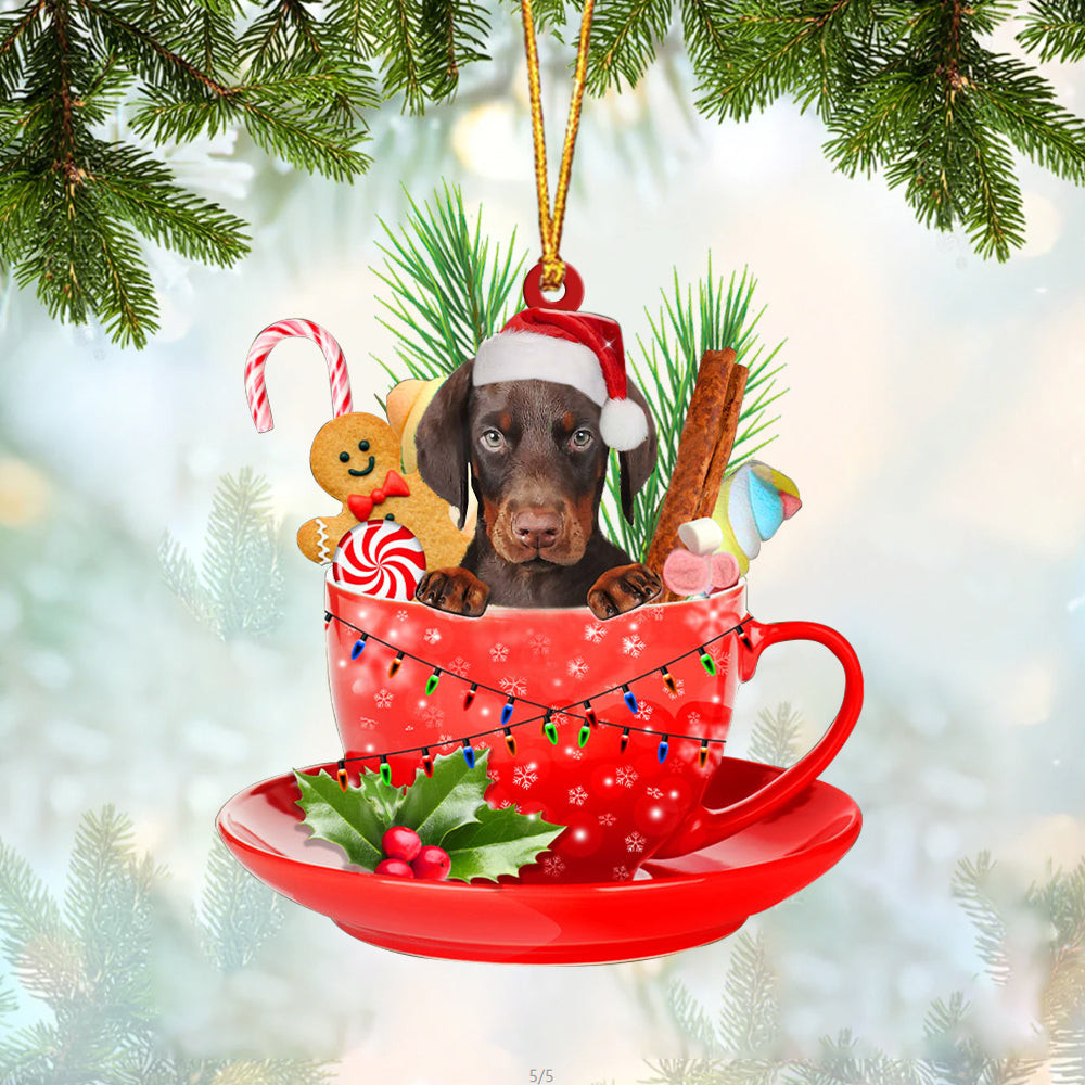 Dobermann In Cup Merry Christmas Ornament Flat Acrylic Dog Ornament