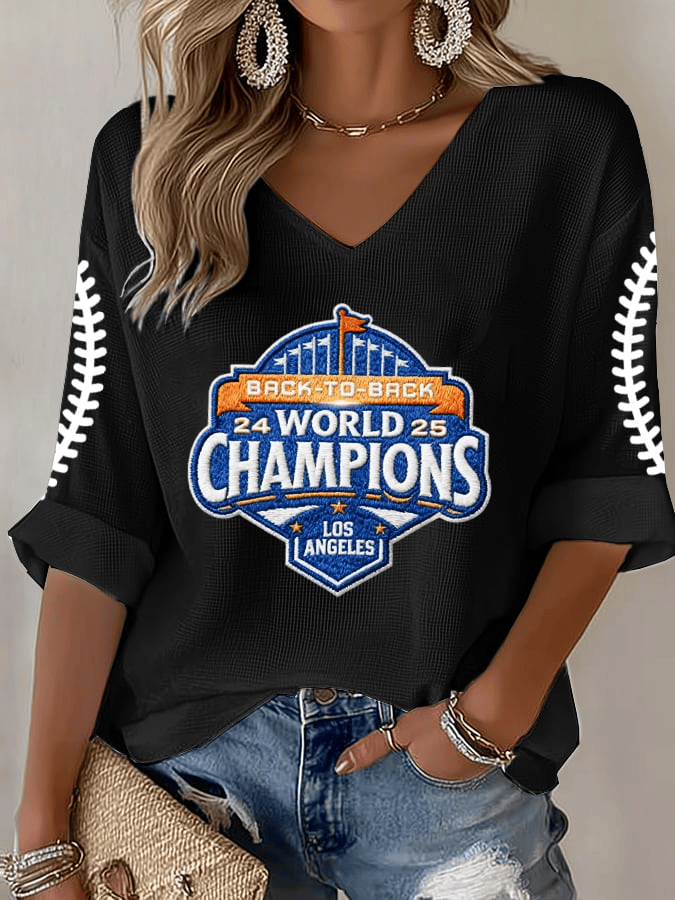 Dodger Back to Back V-Neck Long Sleeve Women's Baseball Print T-Shirt Gift for Los Angeles Fans