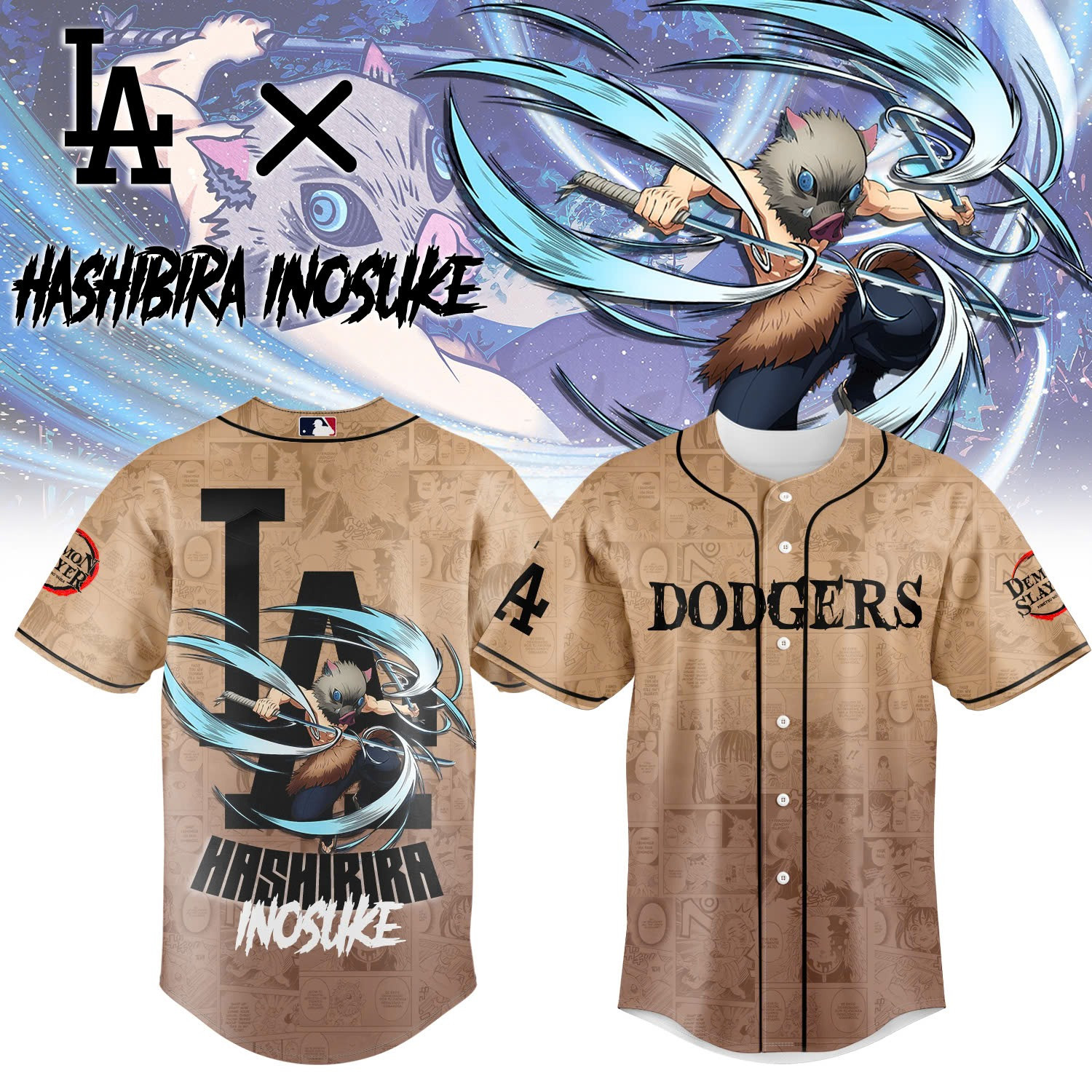 Dodgers Demon Slayer Inosuke Jersey Hashibira Inosuke Basketball Apparel Gift For Anime Fans