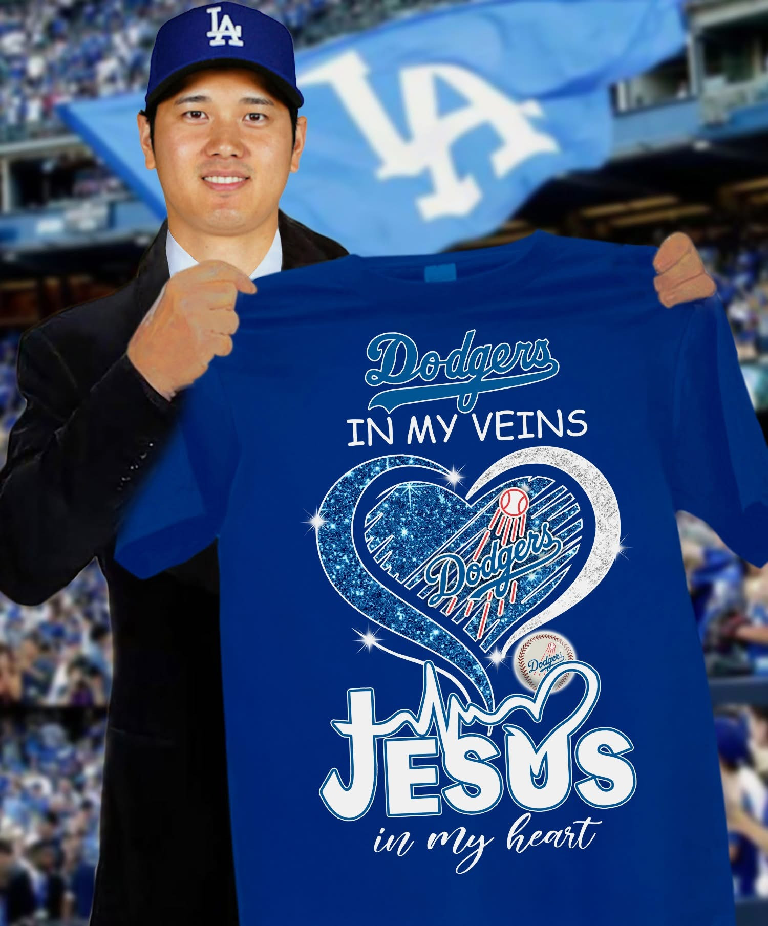 Dodgers In My Veins Jesus In My Heart T-Shirt Faith Baseball Best Gifts For Dodgers Fans