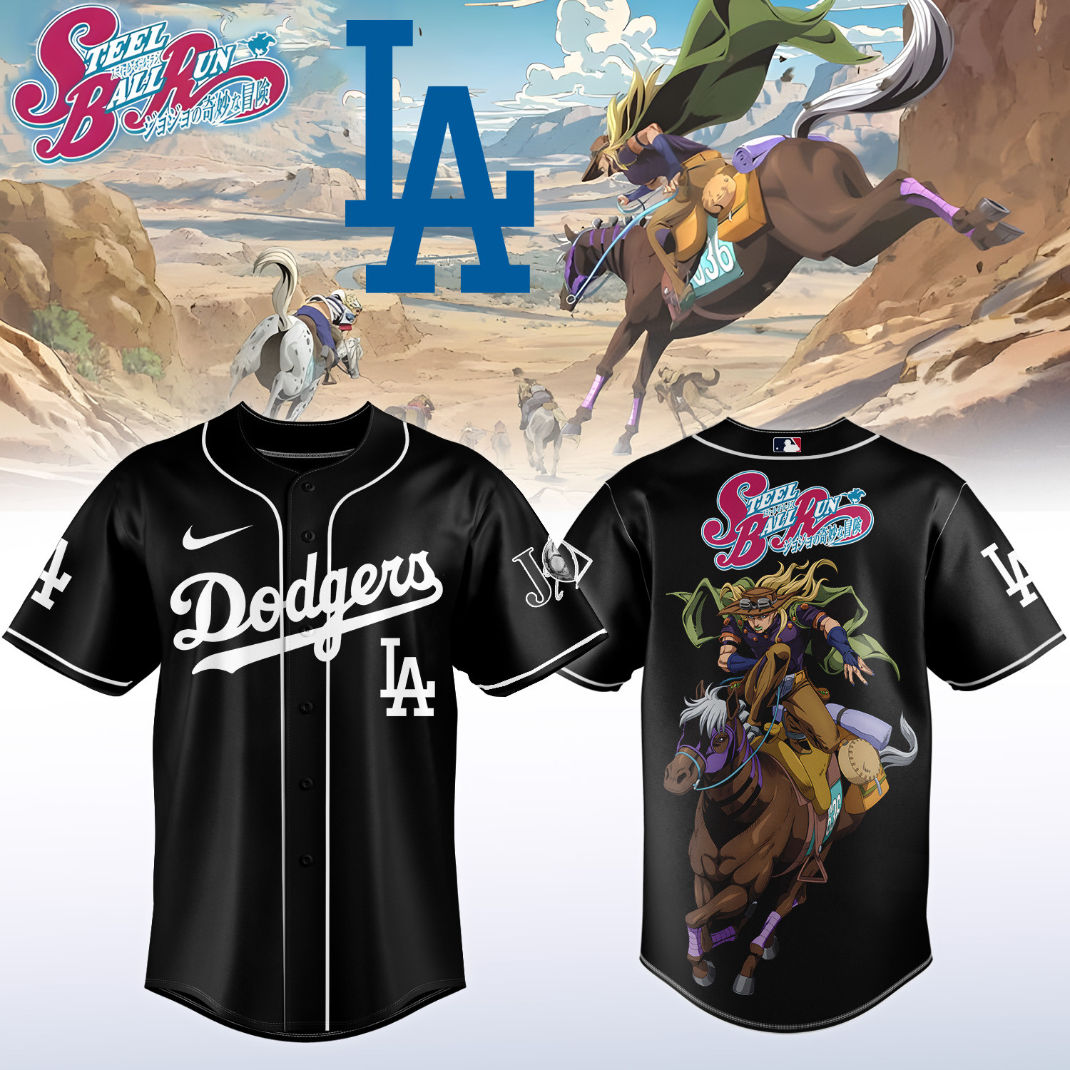 Dodgers x Steel Ball Run Baseball Jersey Baseball Merch Steel Ball Run MLB Playoffs Gear For Fans