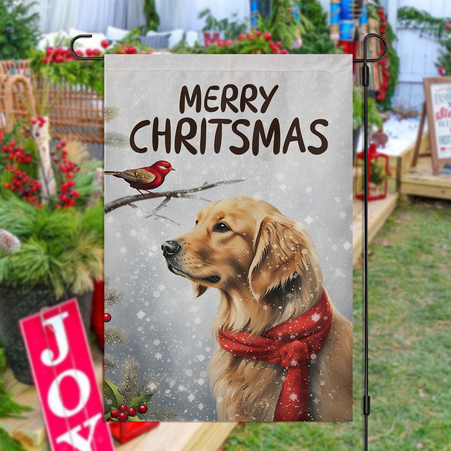 Dog Bird Merry Christmas Golden Retriever Xmas Flag Xmas Decor Gift For Golden Retriever Lovers