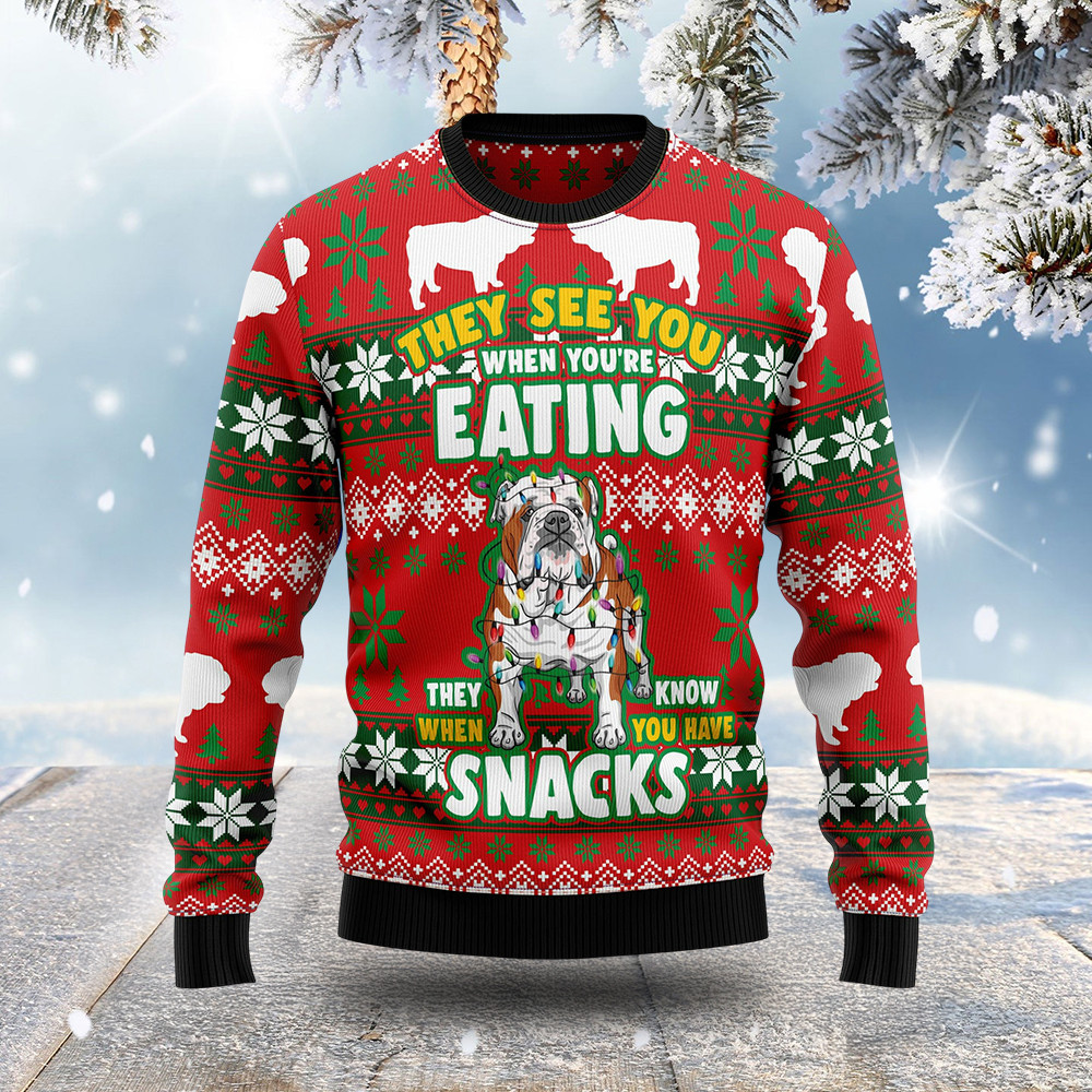 Dog Eating Snack Ugly Christmas Sweater Winter Clothing Christmas Gifts For Dog Owner