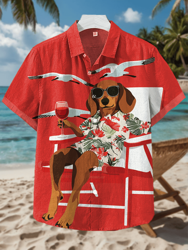 Dog Holding A Glass Of Red Wine Seagulls Vacation Hawaiian Shirt Gifts For Dog Lovers