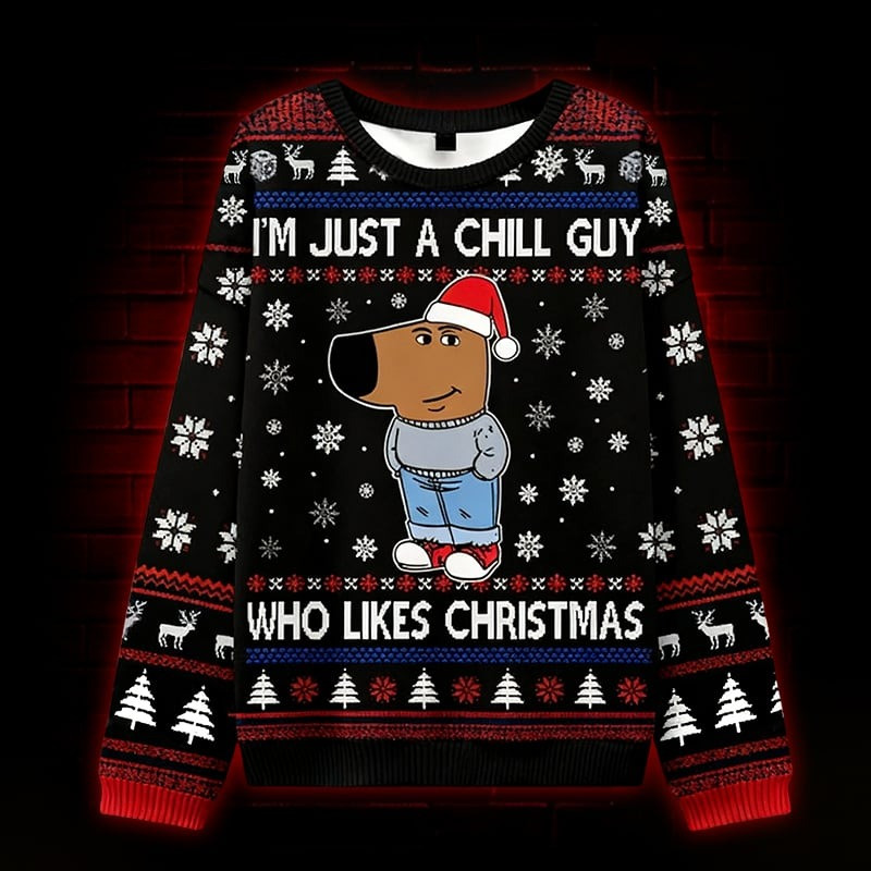 Dog I'm Just A Chill Guy Ugly Christmas Sweater Cute Cartoon Dog Xmas Gifts For Dog Lovers