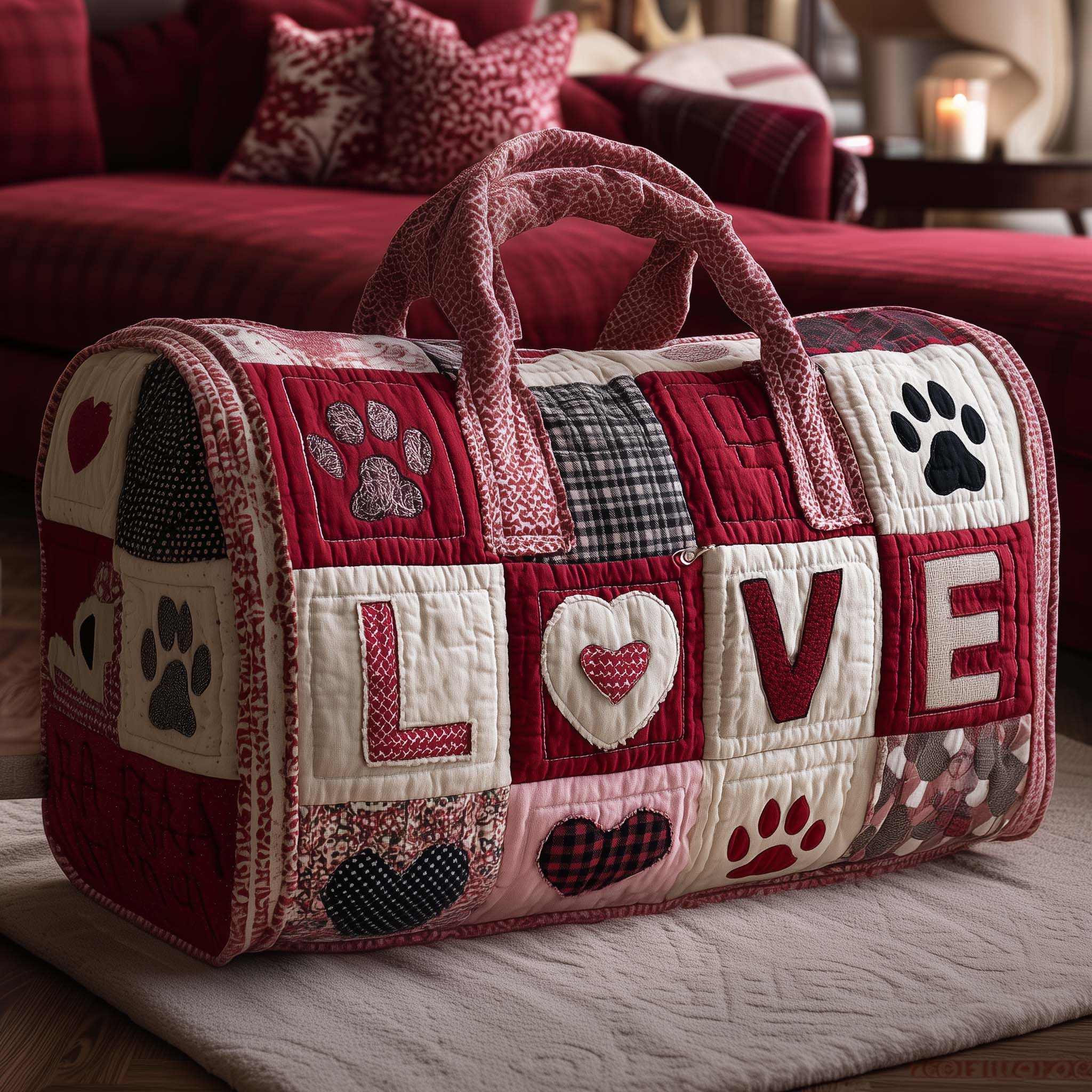 Dog Paw Love Quilted Duffle Bag Red Patchwork Heart Dog Mom Gift Overnight Bag For Dog Lovers