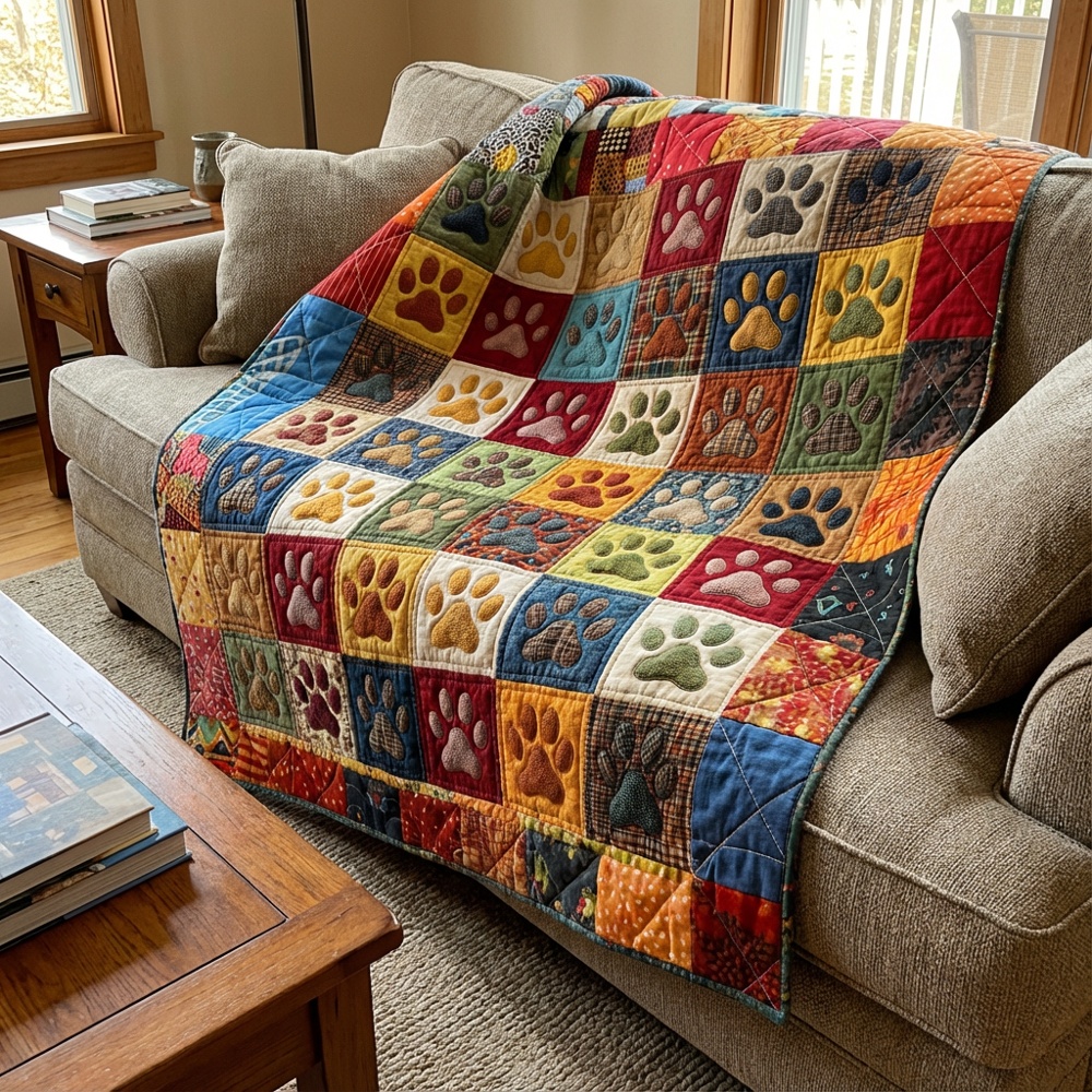Dog Paw Print Quilted Blanket Cozy Pet Lover Colorful Patchwork Throw Best Gift For Dog Owners Mom