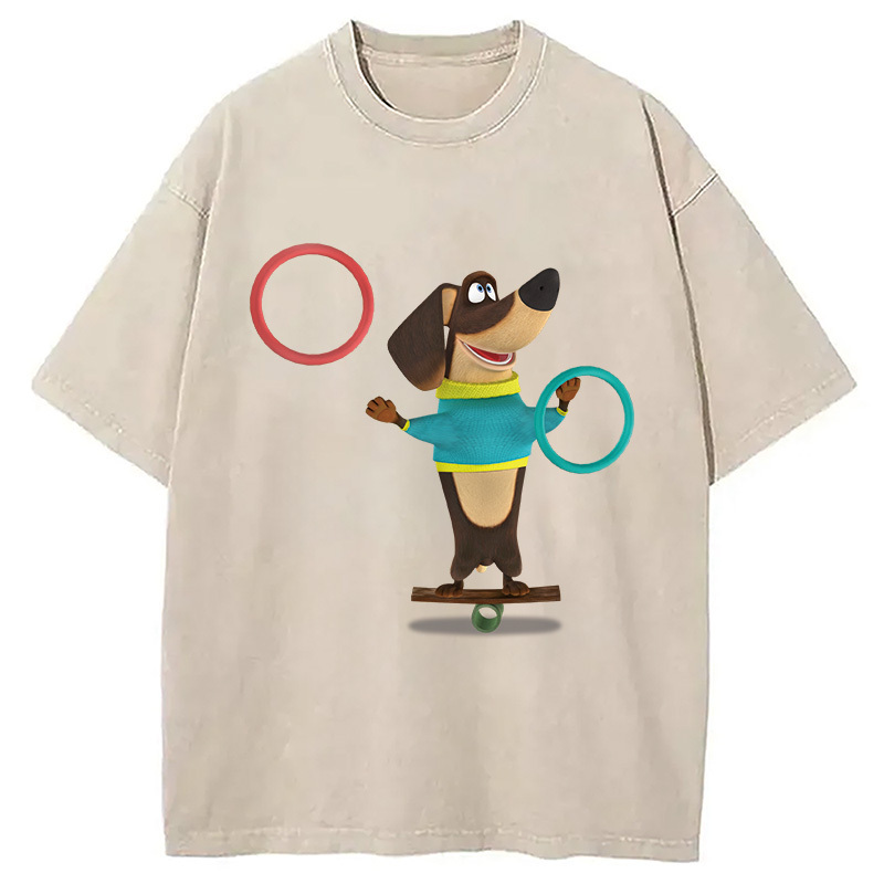 Dog Playing Circle Washed T-Shirt Unique Aesthetic Fashion Tee Gifts For Her