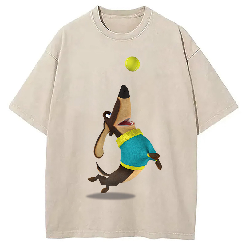Dog Playing Rugby Washed T-Shirt Unique Aesthetic Fashion Tee Gifts For BFF