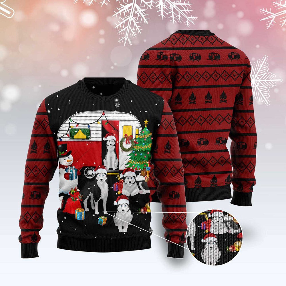 Dog Ugly Christmas Sweater Camping Car And Siberian Husky Ugly Christmas Sweater Xmas Gifts