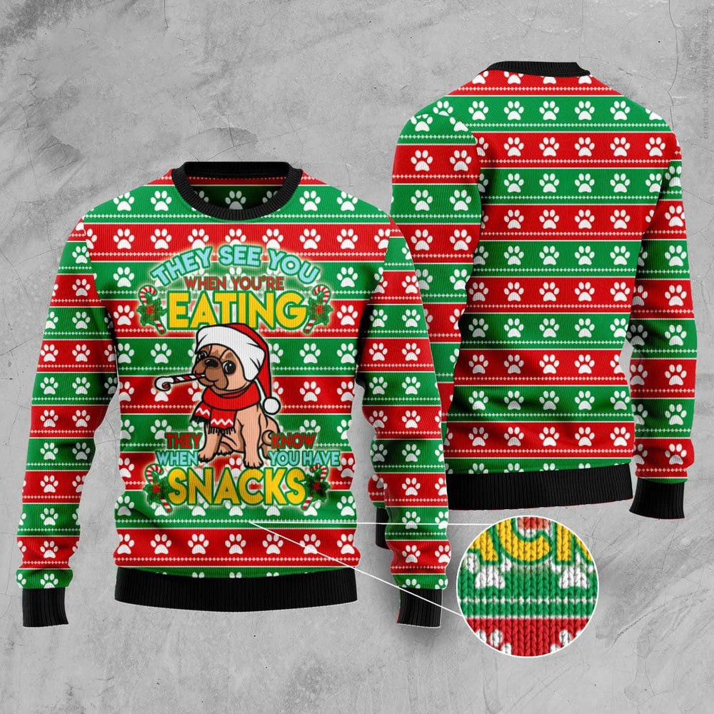 Dog Ugly Christmas Sweater French Bulldog See You Eating Snacks Ugly Christmas Sweater Xmas Gifts