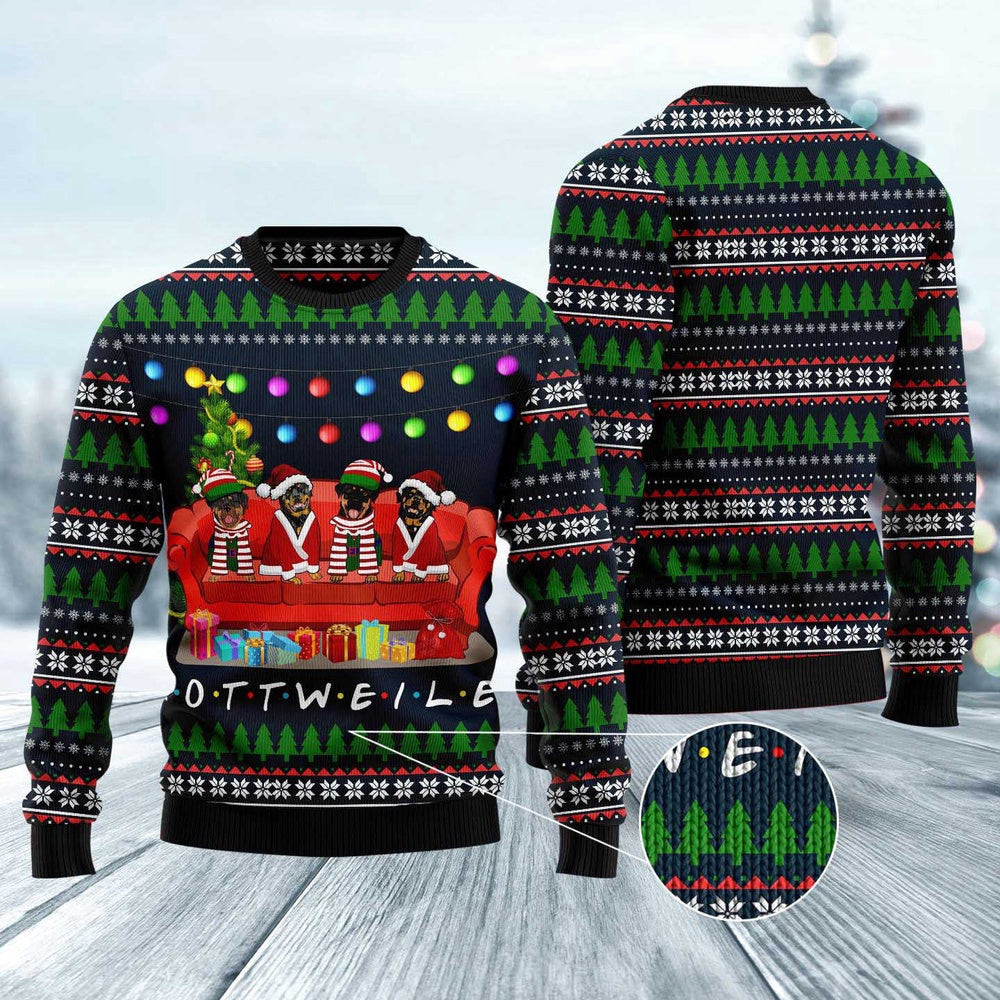 Dog Ugly Christmas Sweater Rottweiler Friends On Red Sofa Ugly Christmas Sweater Xmas Gifts