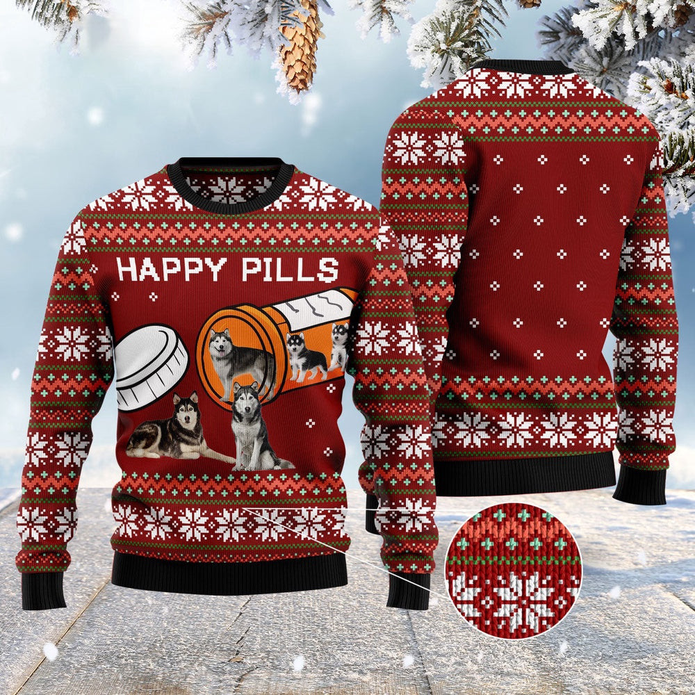 Dog Ugly Christmas Sweater Siberian Husky Happy Pills Ugly Christmas Sweater Xmas Gifts
