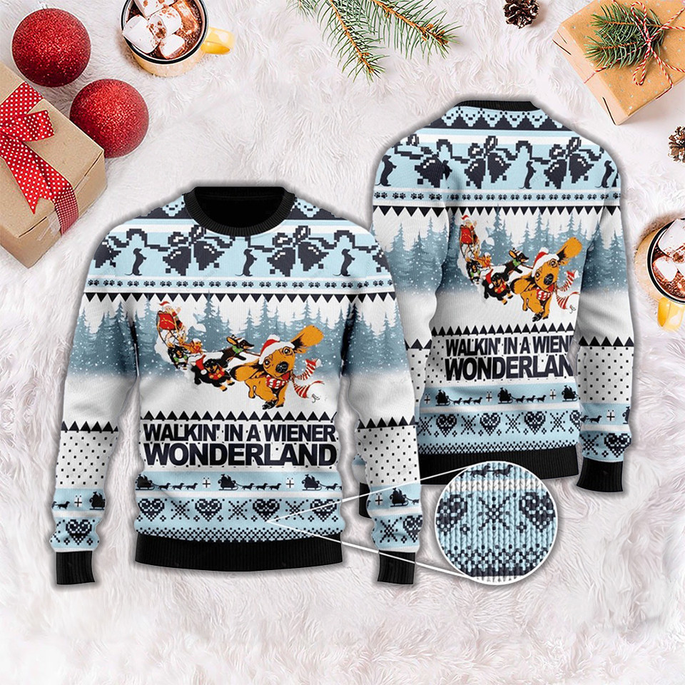 Dog Walkin In A Wiener Wonderland Ugly Christmas Sweater Funny Gifts For Dachshund Lovers
