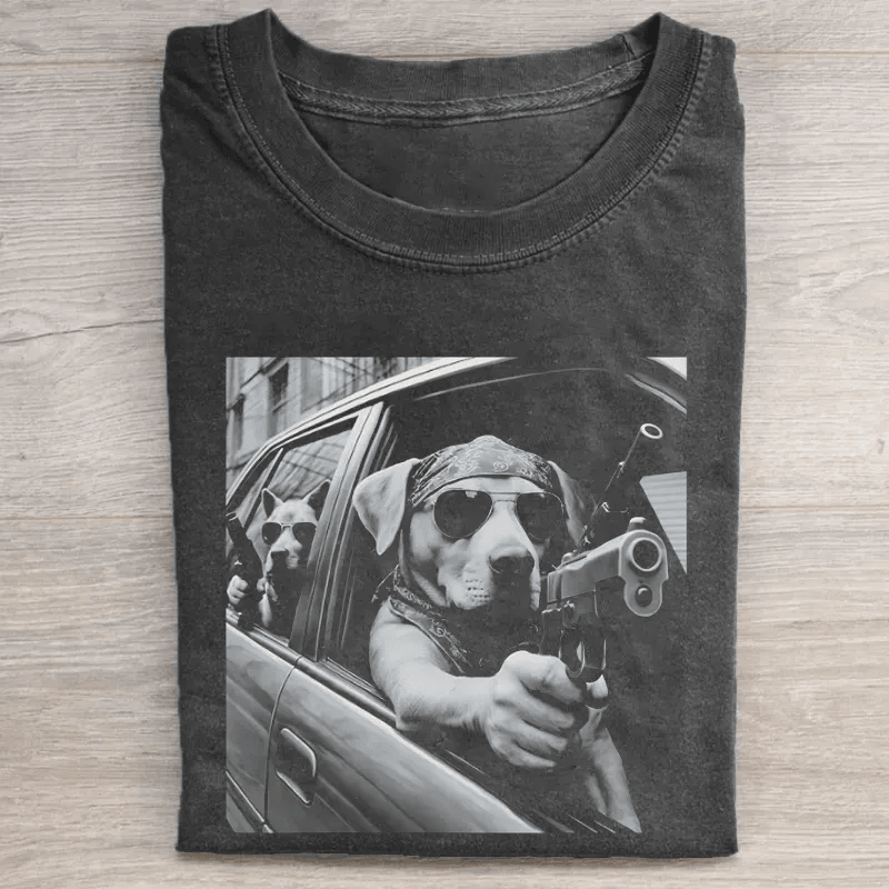 Dogs With Guns In Car Graphic T-Shirt Funny Dog Meme Shirt Trending Funny Dog Tee Best Gift For Dog Lovers