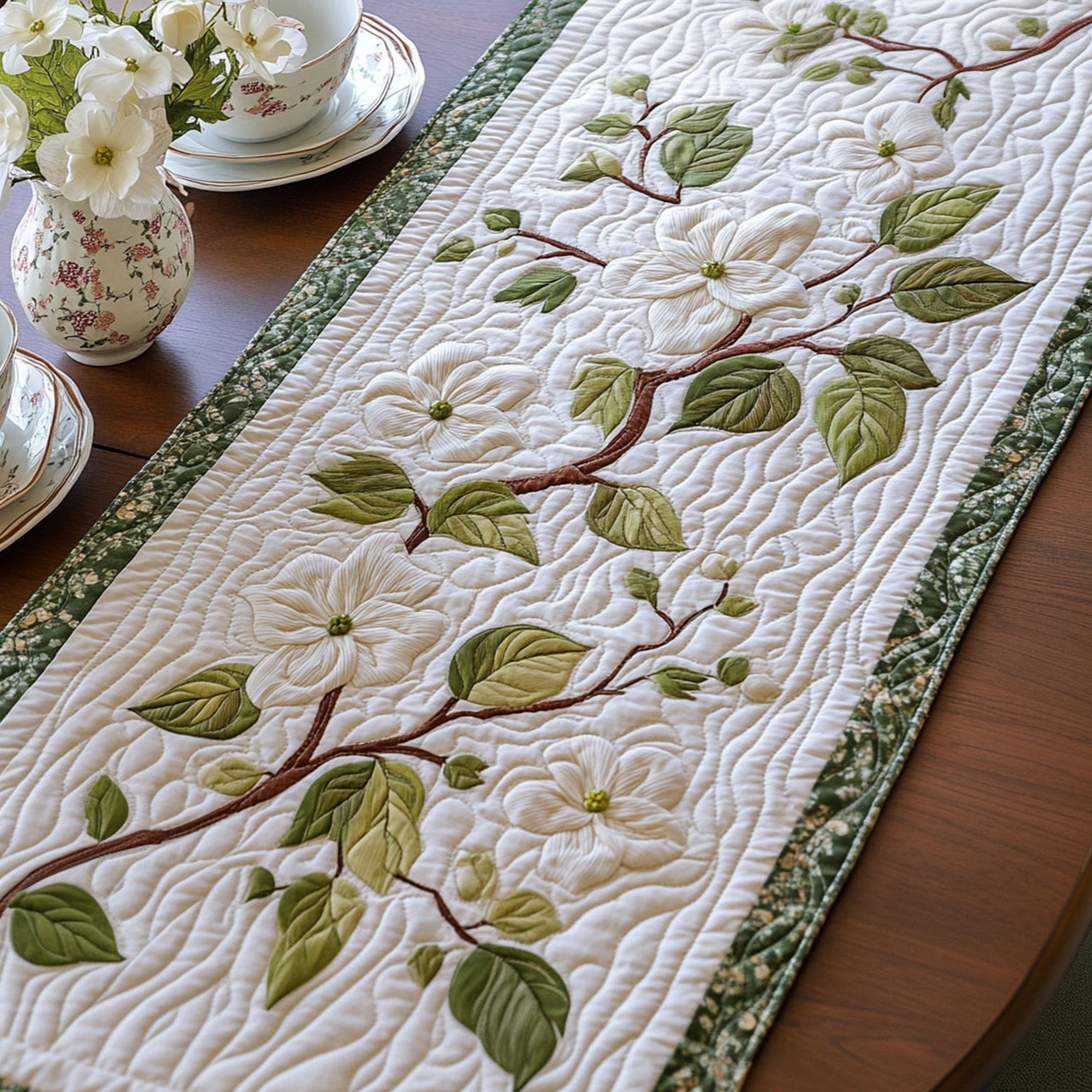Dogwood Glow Quilted Table Runner Floral Table Cover Family Gift Ideas