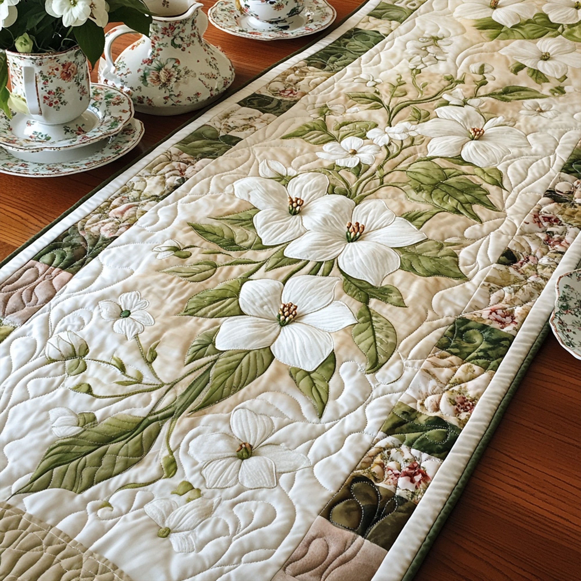 Dogwood Serenity Quilted Table Runner Spring Floral Table Runner Unique Gifts Family