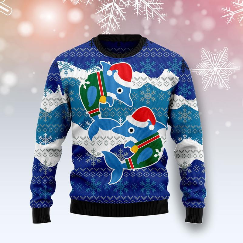 Dolphin Couple Ugly Christmas Sweater Cute Xmas Jumper Couple Gifts For Dolphin Lovers