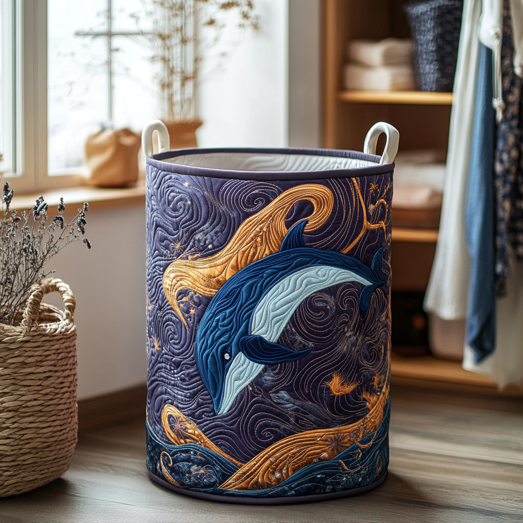 Dolphin Tide Quilted Laundry Basket Merch For Cozy Nights