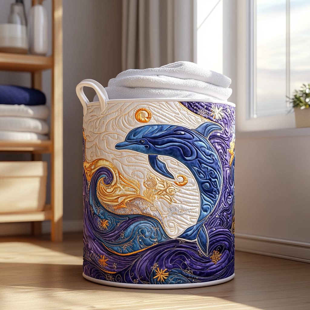 Dolphin Wave Quilted Laundry Basket Merch For Home And Bedroom