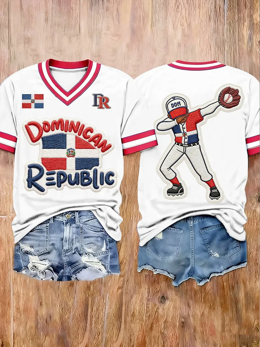 Dominican Republic Baseball Dabbing Player V-Neck Shirt DR Flag Pride Apparel Best Gift For Fans