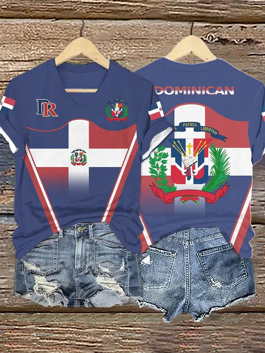 Dominican Republic Coat Of Arms V-Neck Shirt DR Flag Pride Apparel Patria Libertad Gift For Fans