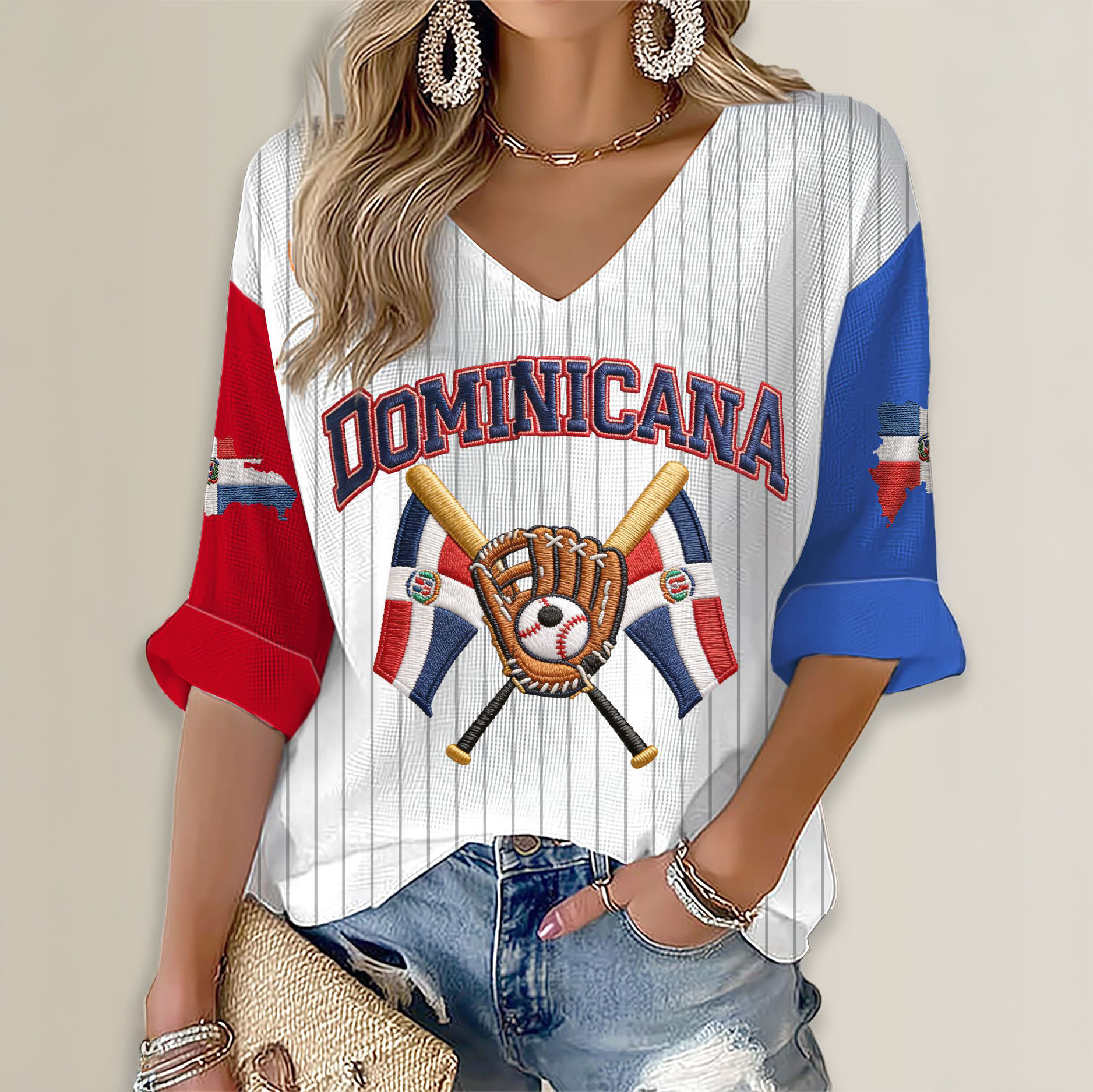 Dominicana Flag Baseball V-Neck Long Sleeve Shirt Game Day Baseball Merch Fan Gift For Wife